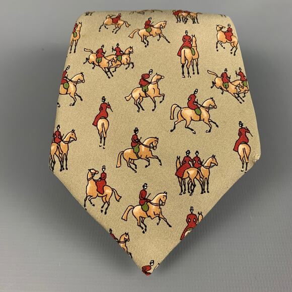 HERMES Grey Taupe Equestrian Silk Twill Tie - Picture 1 of 9